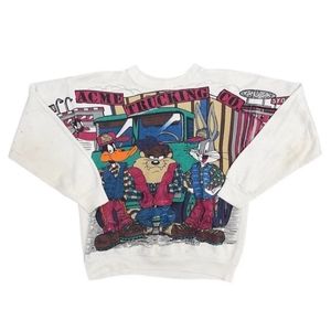 90s Warner Bros All Over Print Sweatshirt Crewneck White Made In USA